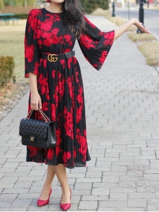 H&M Dresses & Skirts - H&M Black Midi Dress with Red Floral Pattern